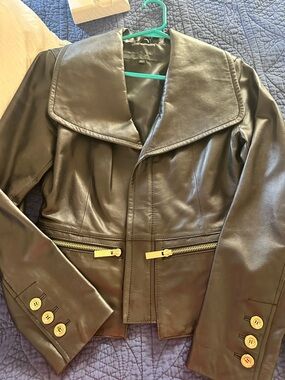 Kenneth Cole Leather Jacket Black with Gold Embellishment